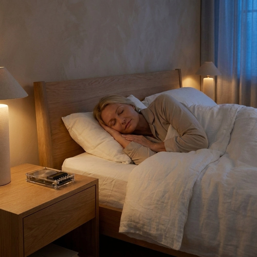 A person lying down with eyes closed, relaxed